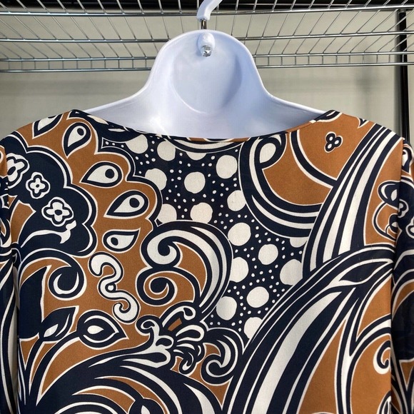 Tory Burch Silk Top Sz 4 Navy Brown Abstract Print Fall Colors Classic Tailored - Picture 8 of 10